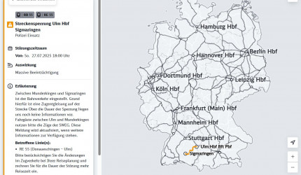 Screenshot Störungskarte DB: Zugunglück bei Riedlingen